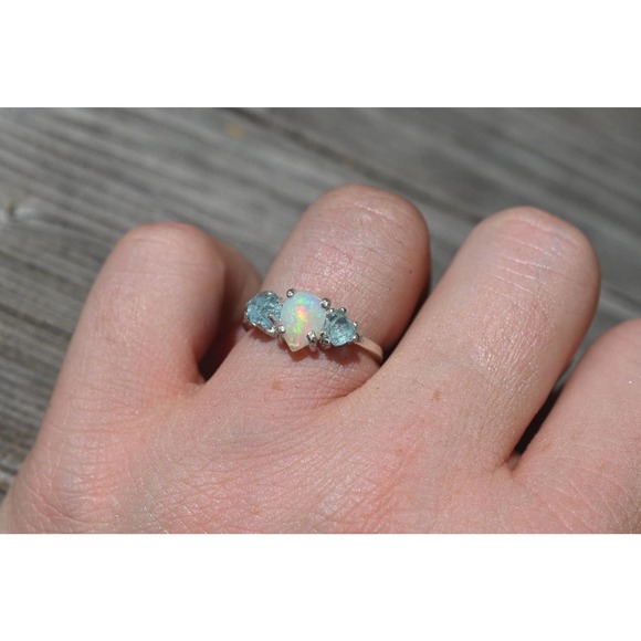 Opal and aquamarine engagement ring, raw stone ring, alternative engagem… - Picture 1 of 2